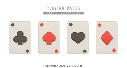 Realistic 3d playing cards. Casino game concept. Set of aces of different suits. Vector illustration.