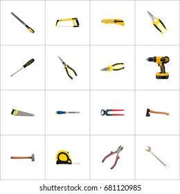 Realistic 3d Pliers, Handle Hit, Hatchet Vector Elements. Set Of Instruments Realistic Symbols Also Includes Noise, Hacksaw, Clippers Objects.
