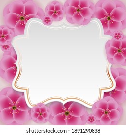 Realistic 3d Plum Flower Background with Golen Frame Template. Vector Illustration