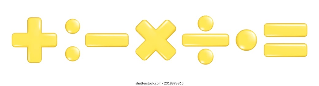 Realistic 3d plus, minus, multiply, division and equal sign. Decorative arithmetic 3d element, education maths icon, mathematical symbol. Abstract vector illustration isolated on white background