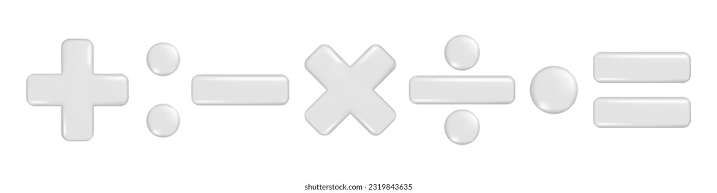 Realistisches 3d plus, minus, multiply, division und gleiches zeichen. Dekoratives arithmetisches 3D-Element, Bildungs-Mathematiksymbol, mathematisches Symbol. Abstrakte Vektorgrafik einzeln auf weißem Hintergrund