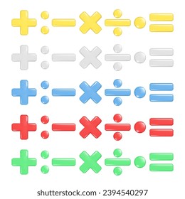 Realistic 3d plus, minus, multiply, division and equal sign. Decorative arithmetic 3d element, education maths icon, mathematical symbol. Abstract vector illustration isolated on white background