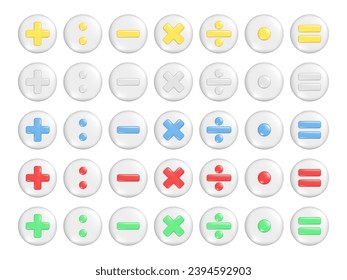 Realistic 3d plus, minus, multiply, division and equal sign on round button. Arithmetic 3d element, education maths icon, mathematical symbol. Abstract vector illustration isolated on white background