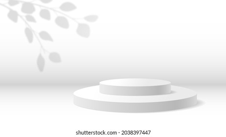 Realistic 3d podium background, product display with leaves shadow. White minimal scene for products presentations vector illustration. Empty round stage or pedestal for award ceremony