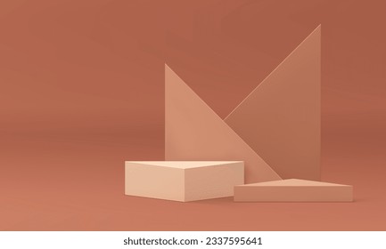 Realistic 3d podium beige platform neutral triangle wall backdrop for product presentation vector illustration. Trendy aesthetic minimalist pedestal pastel triangular showcase interior advertising