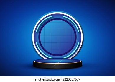 Realistic 3D podium with blue circle technology