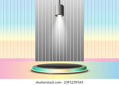 Realistic 3D podium with green lines wall lamp background