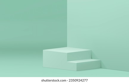 Realistic 3d podium light green showroom with stairs corner wall backdrop vector illustration. Pastel trendy pedestal staircase with steps modern advertising display for commercial product show