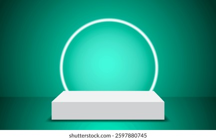 Realistic 3D podium with neon lighting glowing in a semicircle shape. Product display presentation with vector rendering. Futuristic view.