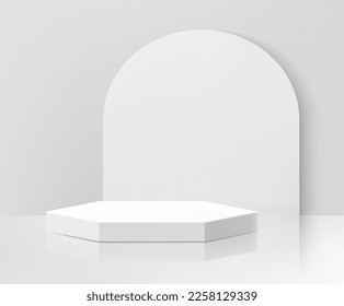 Realistic 3D podium pedestal in hexagon shape with arch gate background, vertical shape. Minimal scene for mockup product display. Vector geometric forms. Stage for showcase.