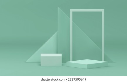 Realistic 3d podium with soft green geometric shape abstract backdrop vector illustration. Trendy rendering pastel pedestal minimalist aesthetic platform triangle square frame studio interior