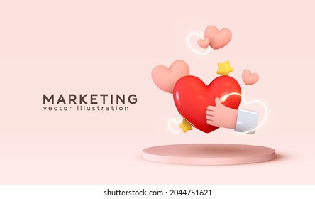 Realistic 3d podium stage, round studio, festive decorative objects, Pink and red heart shaped balloon. Hand shows sign class with thumb. Social media creative concept. Happy Valentine Day background.