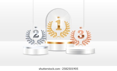 Realistic 3d Podium Stage. Winners pedestal with gold, silver and bronze  laurel awards for winners. 1, 2, 3 place. Vector Illustration on White Background.