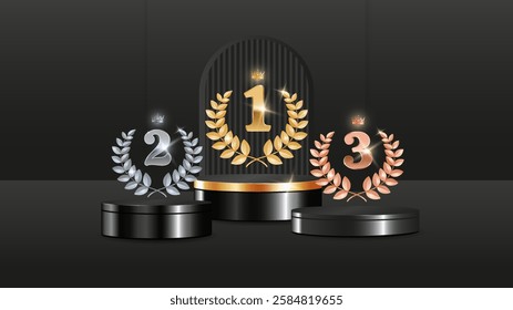 Realistic 3d Podium Stage. Winners pedestal with gold, silver and bronze  laurel awards for winners. 1, 2, 3 place. Vector Illustration on black Background.