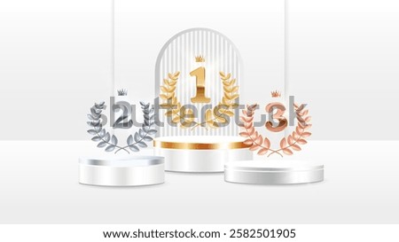 Realistic 3d Podium Stage. Winners pedestal with gold, silver and bronze  laurel awards for winners. 1, 2, 3 place. Vector Illustration on White Background.