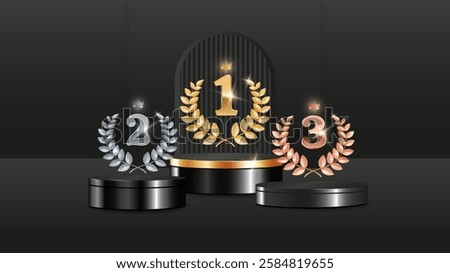 Realistic 3d Podium Stage. Winners pedestal with gold, silver and bronze  laurel awards for winners. 1, 2, 3 place. Vector Illustration on black Background.