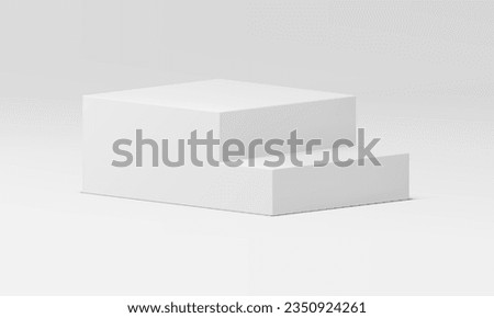 Realistic 3d podium staircase with steps white platform interior decor element vector illustration. Neutral stairs pedestal modern showcase display commercial product presentation at studio background
