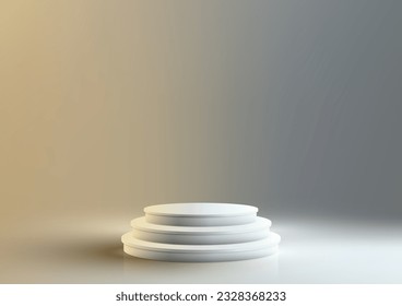 The realistic 3D podium stands on a white floor in a sleek studio room. Perfect for exhibitions, events, and showcasing your products. Product presentation with this vector illustrator mockup