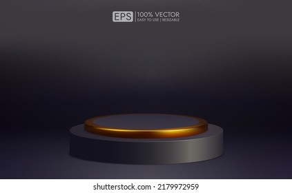 Realistic 3d podium vector with gold overlay on dark background, vector shape rendering for product presentation display. minimal studio room scene