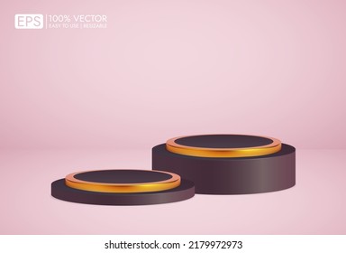 Realistic 3d podium vector with gold overlay and empty room background, vector shape rendering for product presentation display. minimal studio room scene