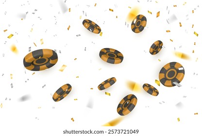 Realistic 3d poker chips with confetti. Casino game concept. Gambling and betting, poker or blackjack tools. Vector illustration.