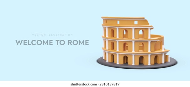 Realistic 3d poster with cartoon Coliseum and place for text. Web page for travel company. Discover Rome concept. Colorful vector illustration in orange color with blue background