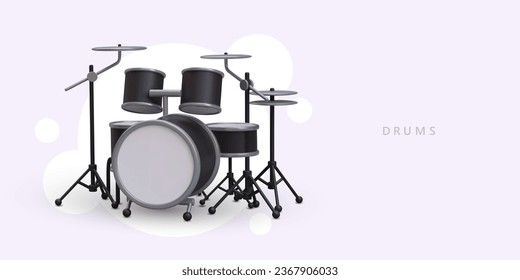 Realistic 3d poster with drum set. Creating music and hobby. Placard with musical instrument for music store. Vector illustration with place for text with purple background svg