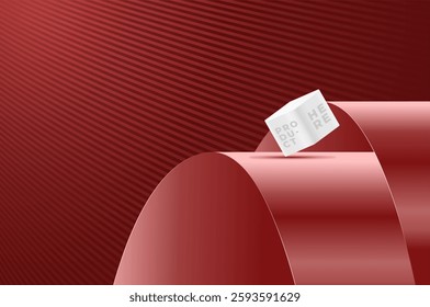 Realistic 3D product background red paper curves. Illustration display for cosmetic or beauty product