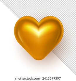 Realistic 3d puffy bright yellow valentine heart isolated on transparent background. Three dimensional symbol of love, passion, affection - golden heart as decor element for Valentines Day celebration