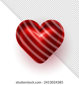 Realistic 3d puffy red valentine heart with striped pattern isolated on transparent background. Three dimensional symbol of love, passion, affection - glossy heart as decor element for Valentines Day