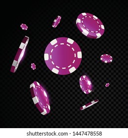 Realistic 3d purple casino chips falling over a transparency background