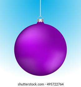 Realistic 3D purple christmas ball decoration hanging on white chain. Rounded violet ball decoration with reflections on blue to white gradient backdrop.