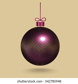 Realistic, 3d, purple Christmas, New Year, ball decorated with the pattern of small gold round halftone dots, hanging on a ribbon with a small bow. Vector illustration. New Year postcard