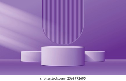 Realistic 3d purple empty podium on purple background. Elegant stage design for product demonstration and marketing promotion, advertising, banner, poster. Vector illustration.