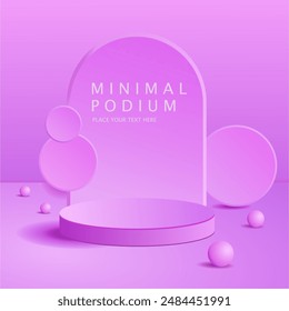 Podio cilíndrico gris púrpura 3D realista del pedestal con el arco y el fondo de la forma de la esfera. Escena mínima geométrica Abstractas para la exhibición del producto de la maqueta, escenario redondo para la exhibición. Vector EPS.