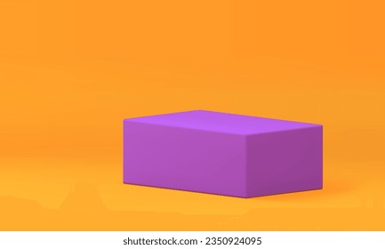 Realistic 3d purple podium geometric showcase bright modern display for presentation vector illustration. Violet rectangle pedestal stage isometric platform for product advertising at yellow backdrop
