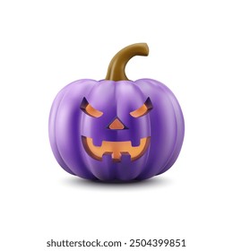 Calabaza púrpura 3D realista para Halloween. Diseño lindo del Vector de la historieta aislado en el fondo blanco. Concepto de ilustración de Halloween feliz renderiza objetos para el cartel de Festiva, folleto y Plantilla