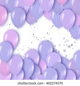 Realistic 3d Purple Violet Metallic Balloons with confetti and space for text on white background. Vector Illustration.