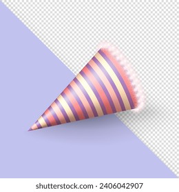 Realistic 3d purple-pink Birthday party hat with beige fluffy fur isolated on transparent background. Cute striped party cone, paper cap  for festival, carnival, celebration event