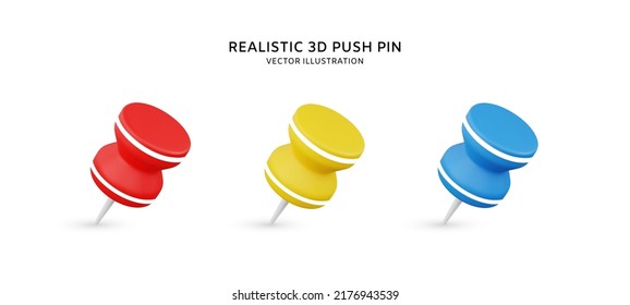 Realistic 3d push pin vector object illustration