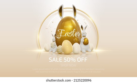 Realistic 3d rabbit with easter golden egg elements with ribbon decorations.