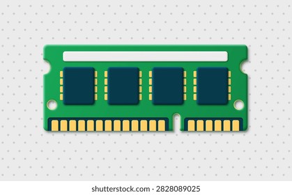 Realistic 3D RAM memory module icon with green circuit board and microchips. Computer hardware component, random access memory stick for PC upgrade technology vector template.