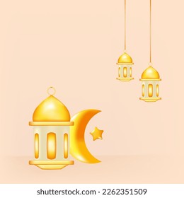 realistic 3d ramadan lantern and crescent moon