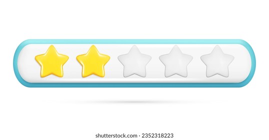 Realistic 3d rating feedback with 2 golden stars, deepening of three gray. Customer 3d quality review, user rating, feedback score, five-point scale. Vector illustration isolated on white background