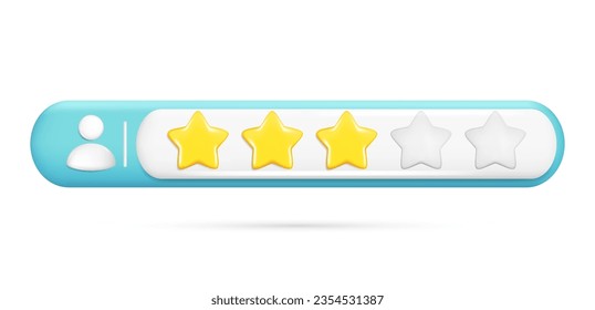 Realistic 3d rating feedback, 3 golden stars and deepening of two gray, person. Customer quality review, user rating, feedback score, five-point scale. Vector illustration isolated on white background