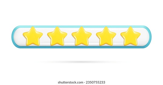 Realistic 3d rating feedback with 5 golden stars. Customer 3d cartoon best quality review, user rating, feedback score icon, glossy rating symbol. Vector illustration isolated on white background