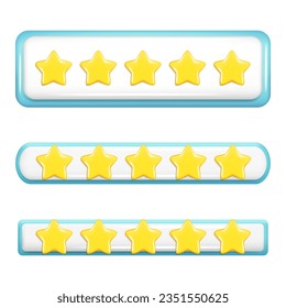 Realistisches 3D-Rating-Feedback mit 5 goldenen Sternen. 3D-Hochglanz-Cartoon von Kunden, bestes Qualitätsbeurteilungsverfahren, Benutzerbewertung, Feedback-Score-Symbol, Fünf-Punkte-Skala. Vektorgrafik einzeln auf weißem Hintergrund