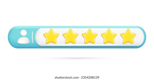Realista 3d rating feedback, 5 estrellas doradas, persona. Revisión de la calidad de la caricatura brillante del cliente 3d, clasificación del usuario, icono de puntuación de retroalimentación, escala de cinco puntos. Ilustración del vector aislada en fondo blanco