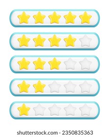 Realistic 3d rating feedback with stars on a five-point scale. Customer 3d cartoon quality review, user progress 1 to 5 points stars, feedback score. Vector illustration isolated on white background