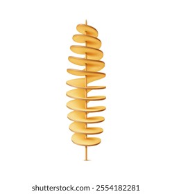 Realistic 3d raw and fried potato tornado vegetable snack. Isolated vector crispy, spiral cut delight. Traditional crunchy twisted chips snack on a stick. Fast food, street quick meal on a skewer